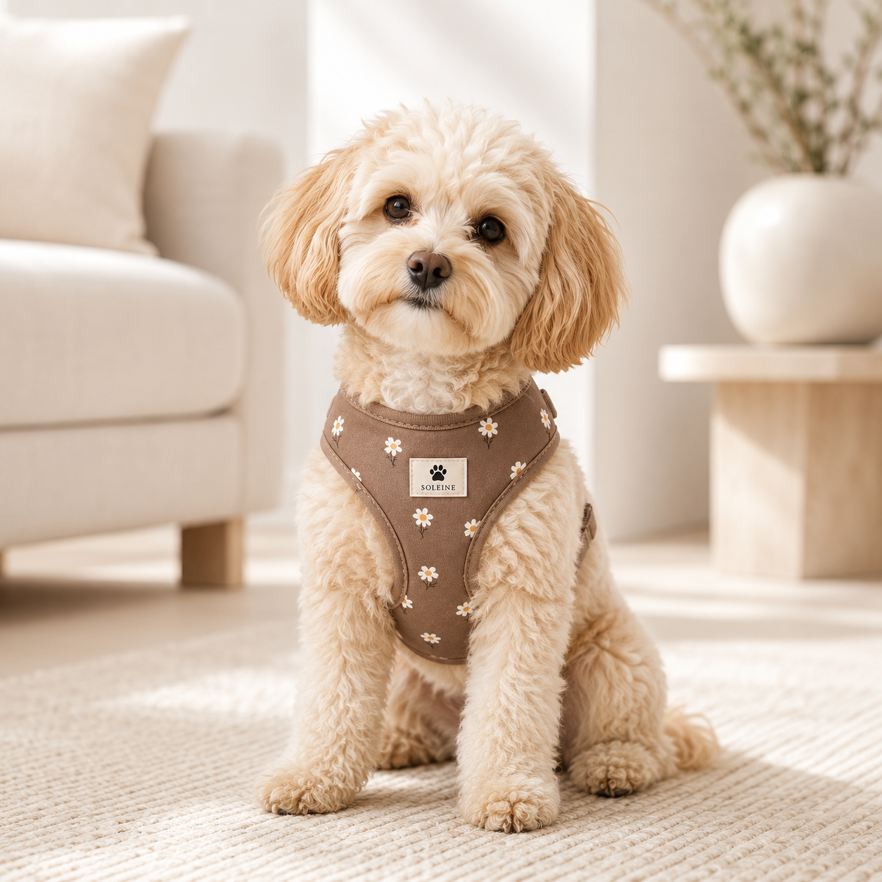 Cavapoo w szelkach Soleine Daisy Mocha w jasnym salonie