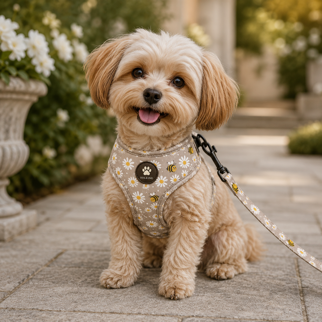 Cavapoo w szelkach Soleine Honey Bee na spacerze w ogrodzie